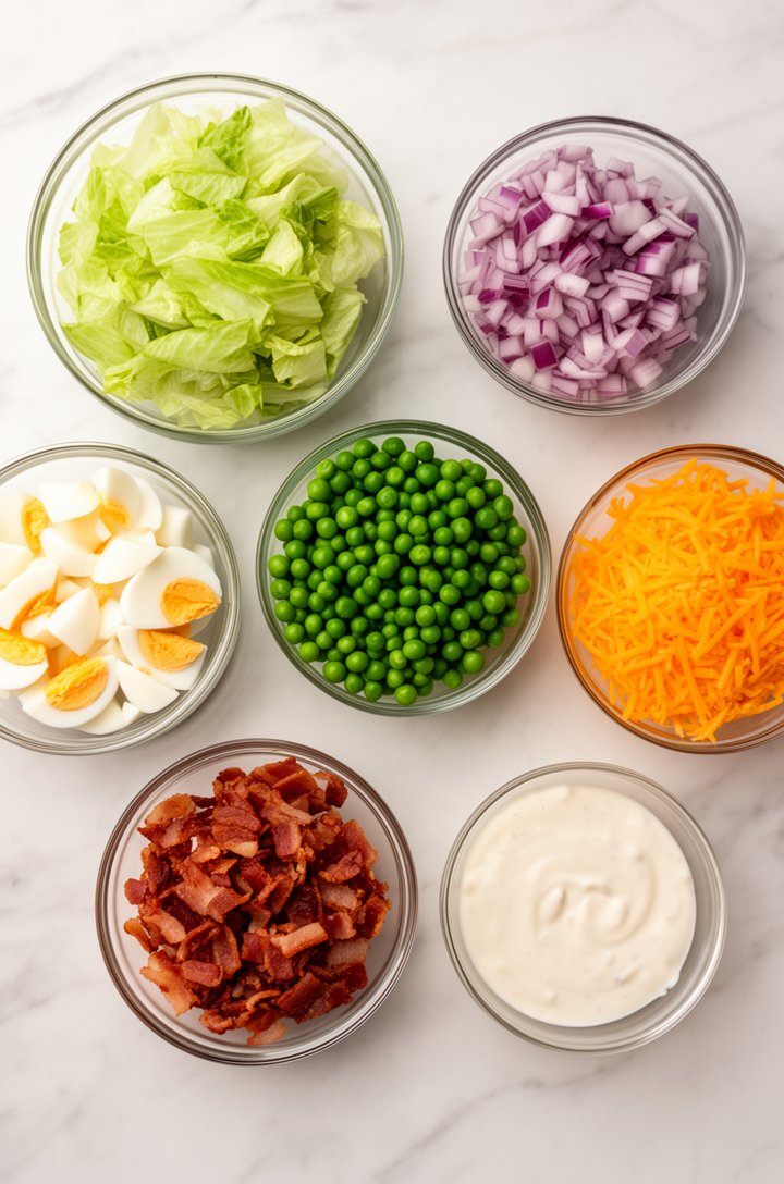 Overhead flat-lay shot of all 7 layer salad ingredients arranged in small glass bowls on a white marble surface: chopped iceberg lettuce, diced red onion, bright green thawed peas, chopped hard-boiled