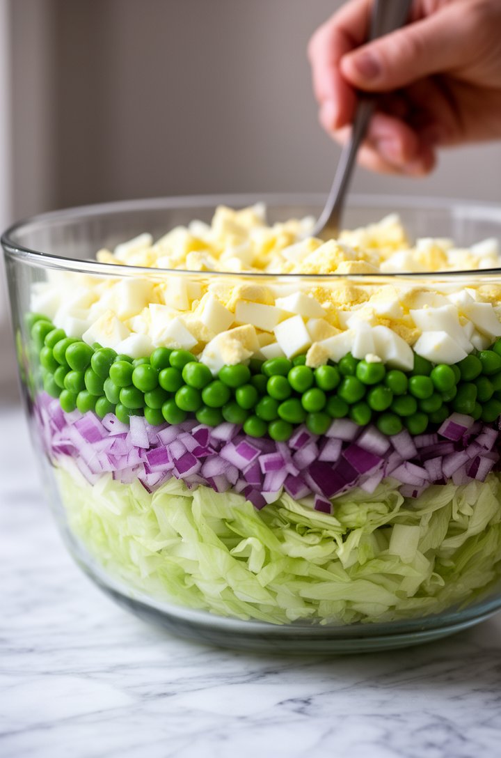 Close-up side-angle shot of a clear glass trifle bowl being assembled, showing the first four layers clearly visible through the glass: chopped pale green iceberg lettuce at the bottom, a band of dice