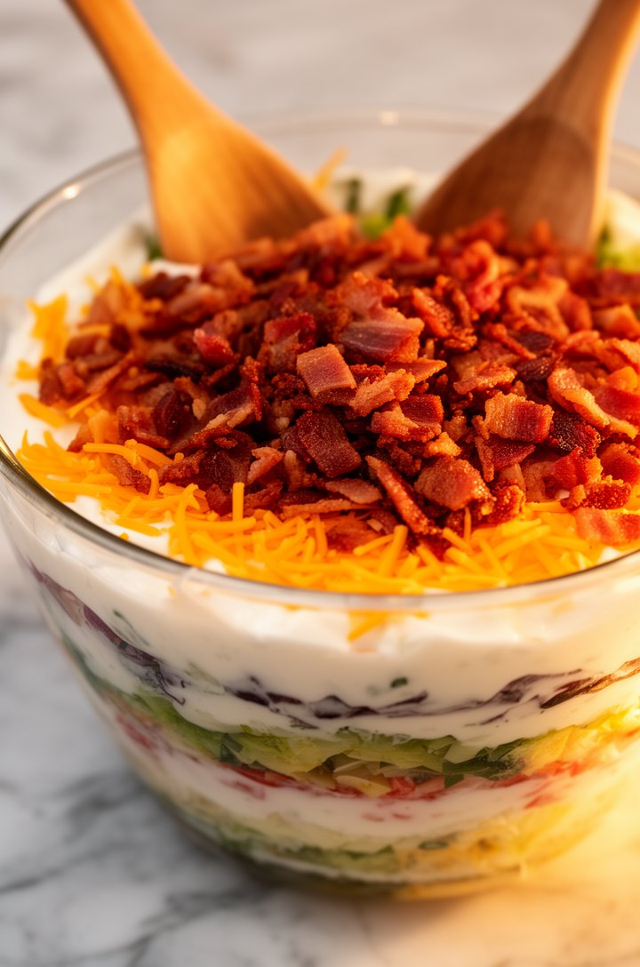 Extreme close-up macro shot of the finished 7 layer salad from a slightly elevated 30-degree angle, focusing on the top layer of crispy crumbled bacon and shredded orange cheddar visible just below, w