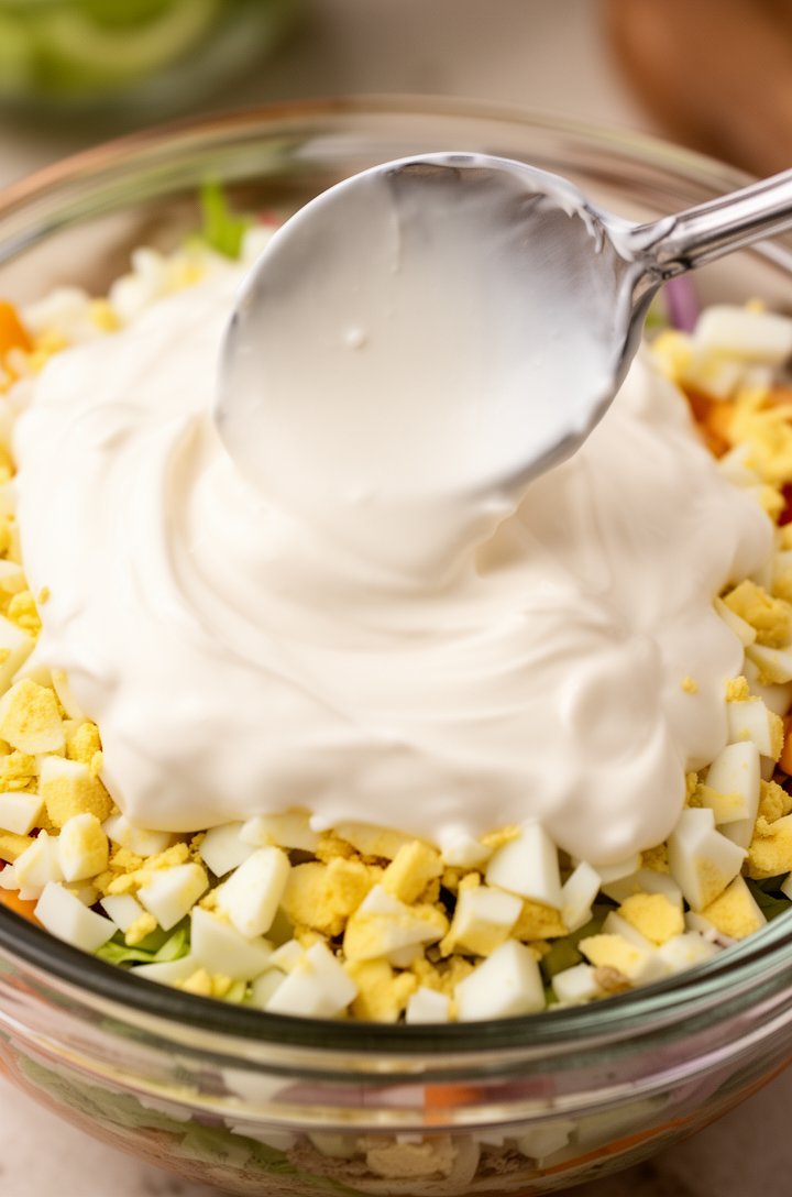 Close-up overhead shot of a spoon spreading thick creamy white mayo-sour cream dressing across the top of the salad, pulling it to the edges of the clear glass bowl to create a seal. The dressing is smooth and glossy, partially covering the chopped egg layer beneath. Natural overhead lighting, clean composition