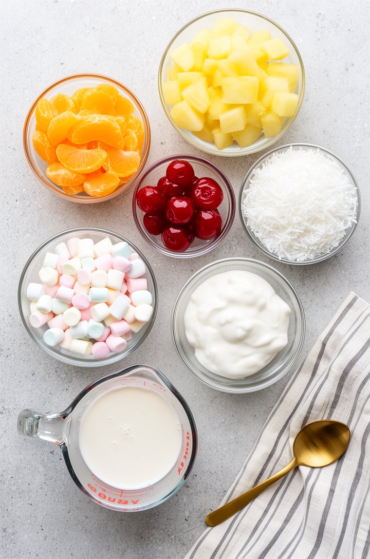 Overhead flat-lay of all ambrosia salad ingredients arranged in small glass bowls on a light gray concrete surface — a bowl of bright orange mandarin segments, pale yellow pineapple tidbits, glossy re