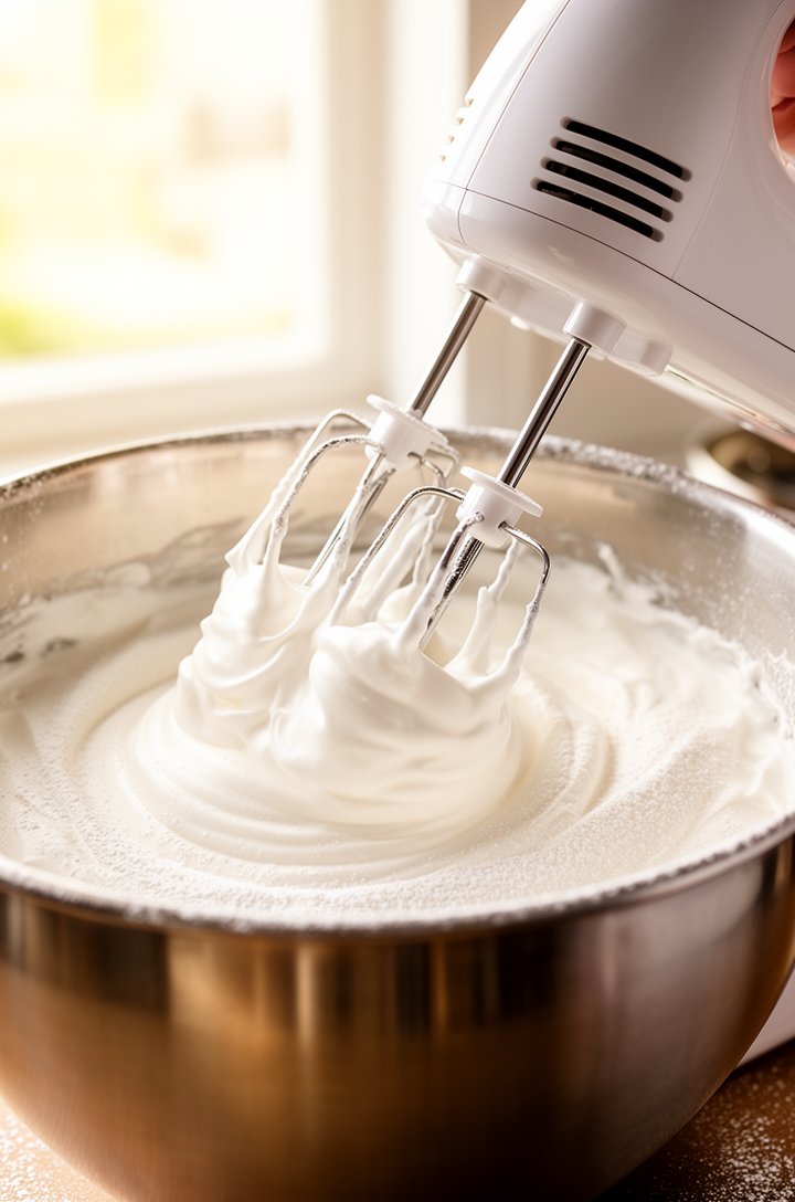 Close-up action shot of an electric hand mixer whipping heavy cream in a large stainless steel bowl, stiff white peaks forming on the beaters as they lift from the bowl, powdered sugar dusted on the s