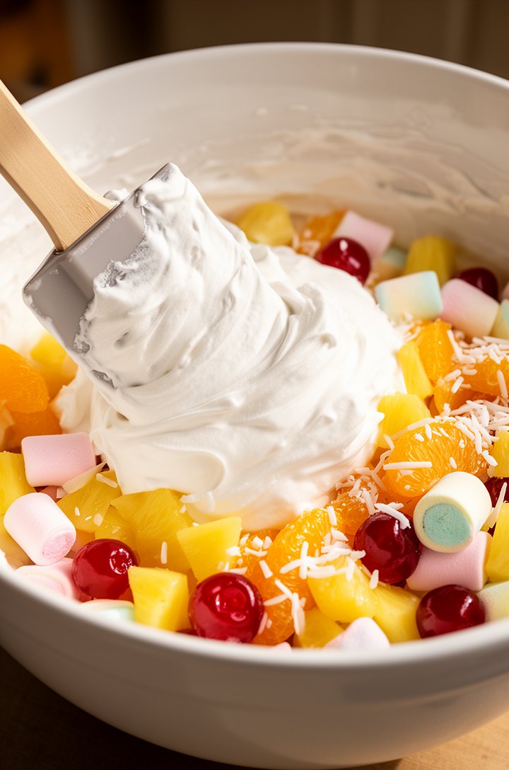 Side-angle close-up of a large spatula folding billowy white whipped cream into a colorful mixture of orange mandarin segments, yellow pineapple chunks, red cherry halves, pastel marshmallows, and whi