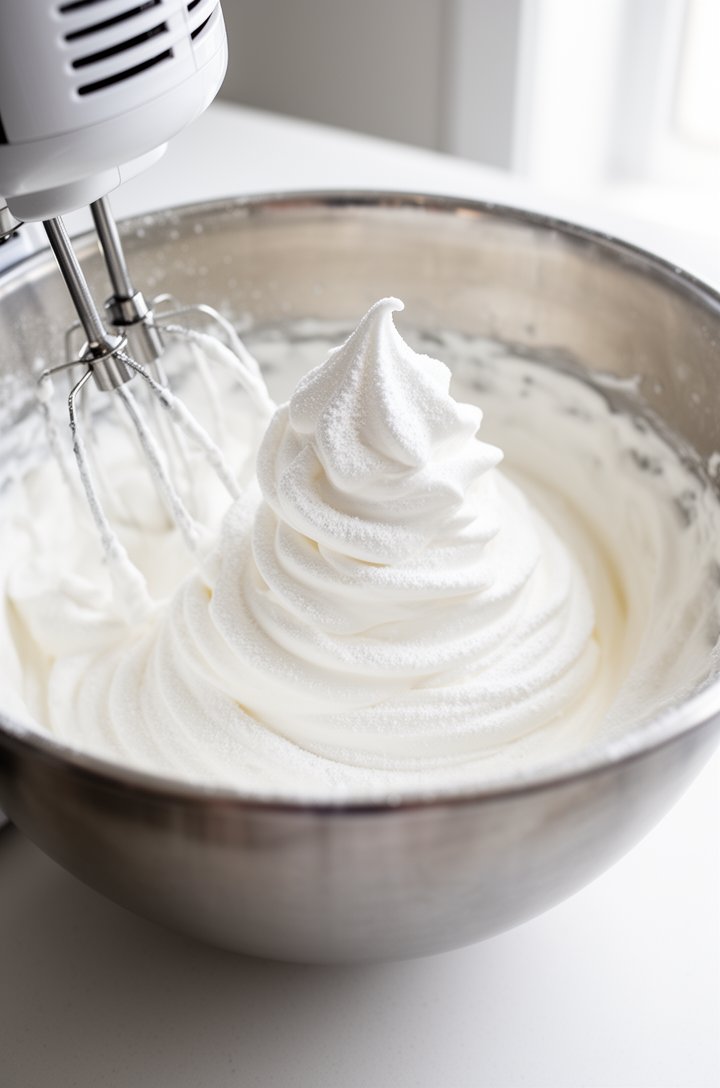 Close-up action shot of an electric hand mixer whipping heavy cream in a large stainless steel bowl, the cream forming stiff white peaks with visible ridges and swirls from the beaters, powdered sugar