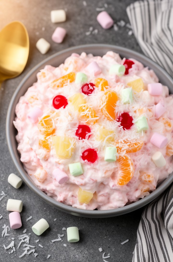 Extreme close-up overhead shot of finished ambrosia salad served in a shallow grey ceramic bowl, the creamy pink-white surface studded with visible mandarin orange segments, bright red maraschino cher