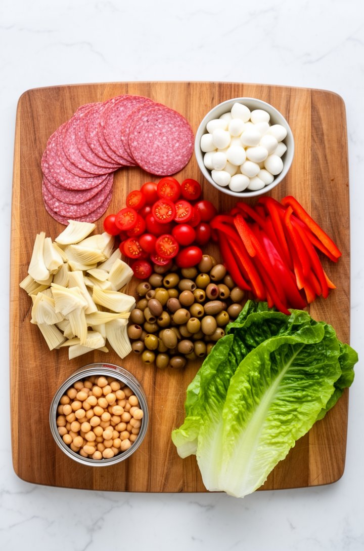 Overhead flat-lay of antipasto salad ingredients arranged in neat groups on a large wooden cutting board — a pile of sliced salami rounds, a small bowl of white mozzarella pearls, halved bright red ch