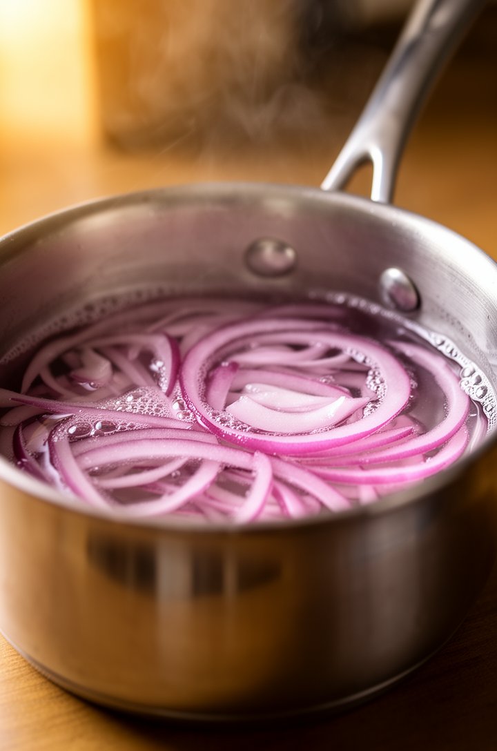 Close-up 45-degree angle shot of thinly sliced red onion rings simmering in a small stainless steel saucepan filled with clear brine liquid, the onion turning from deep purple to translucent pink at t