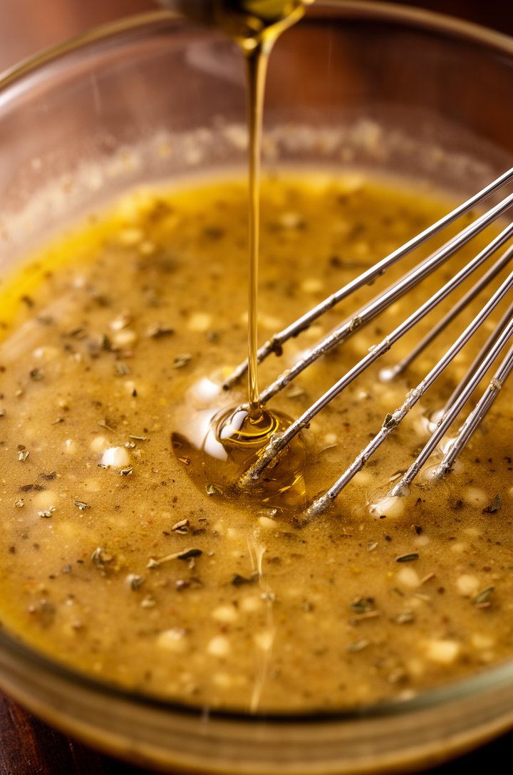 Extreme close-up macro shot of golden-amber red wine vinaigrette being whisked in a medium glass bowl, showing the creamy emulsified texture with tiny garlic specks and dried oregano flecks suspended 