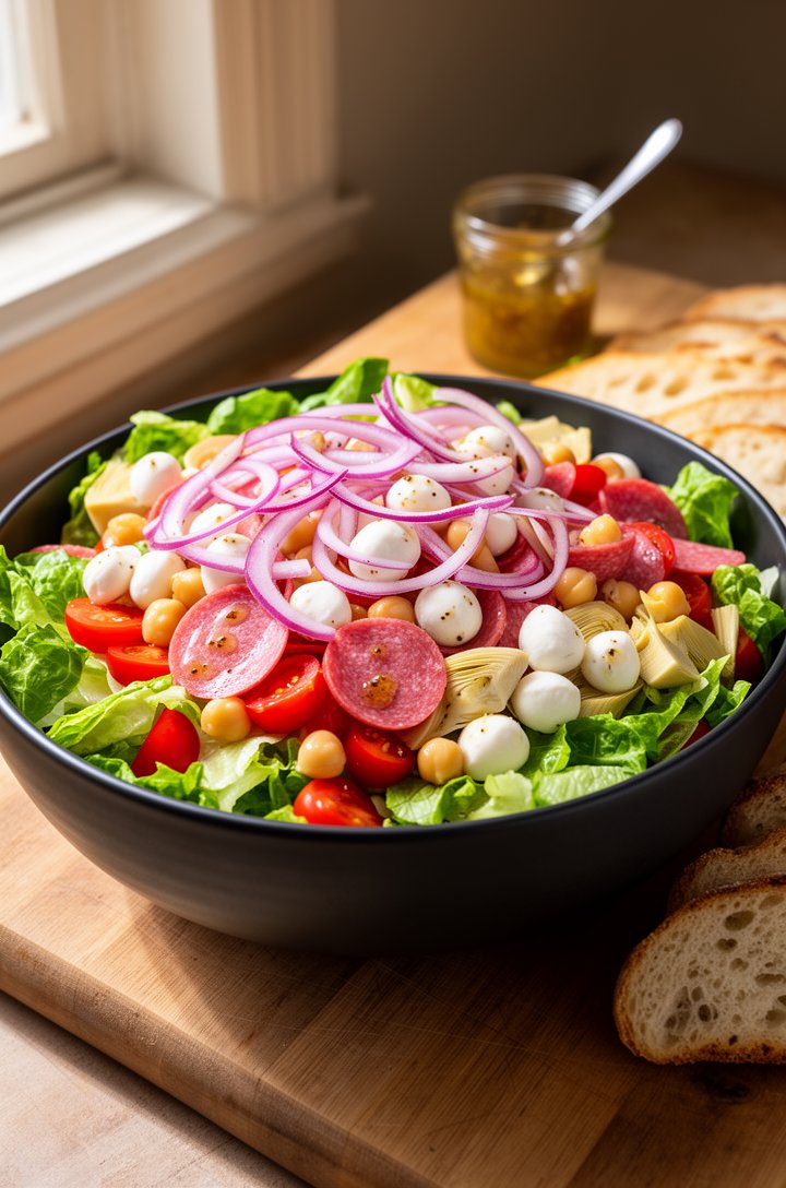 Side-angle shot at 30 degrees of a large dark matte ceramic bowl filled with freshly tossed antipasto salad, showing layers of chopped green romaine lettuce, bright red cherry tomato halves, pink sala