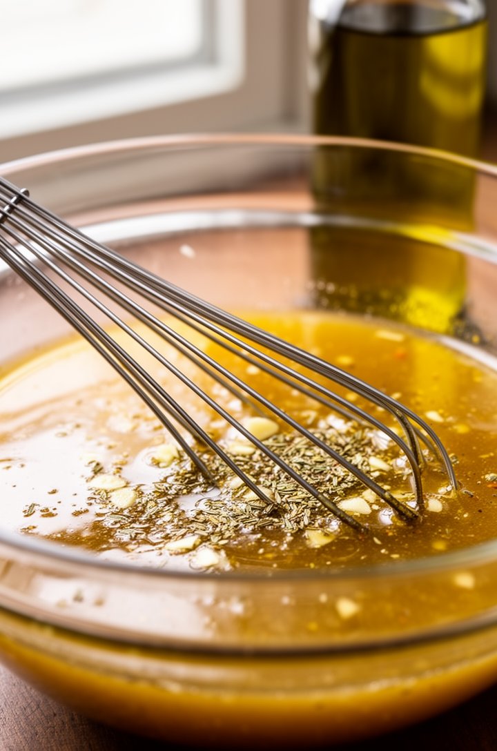 45-degree angle shot of a medium glass bowl with freshly whisked red wine vinaigrette, showing the smooth golden-amber emulsion with visible flecks of minced garlic and dried oregano, a silver whisk resting in the bowl, olive oil bottle slightly out of focus in the background, natural window lighting creating a glossy surface reflection