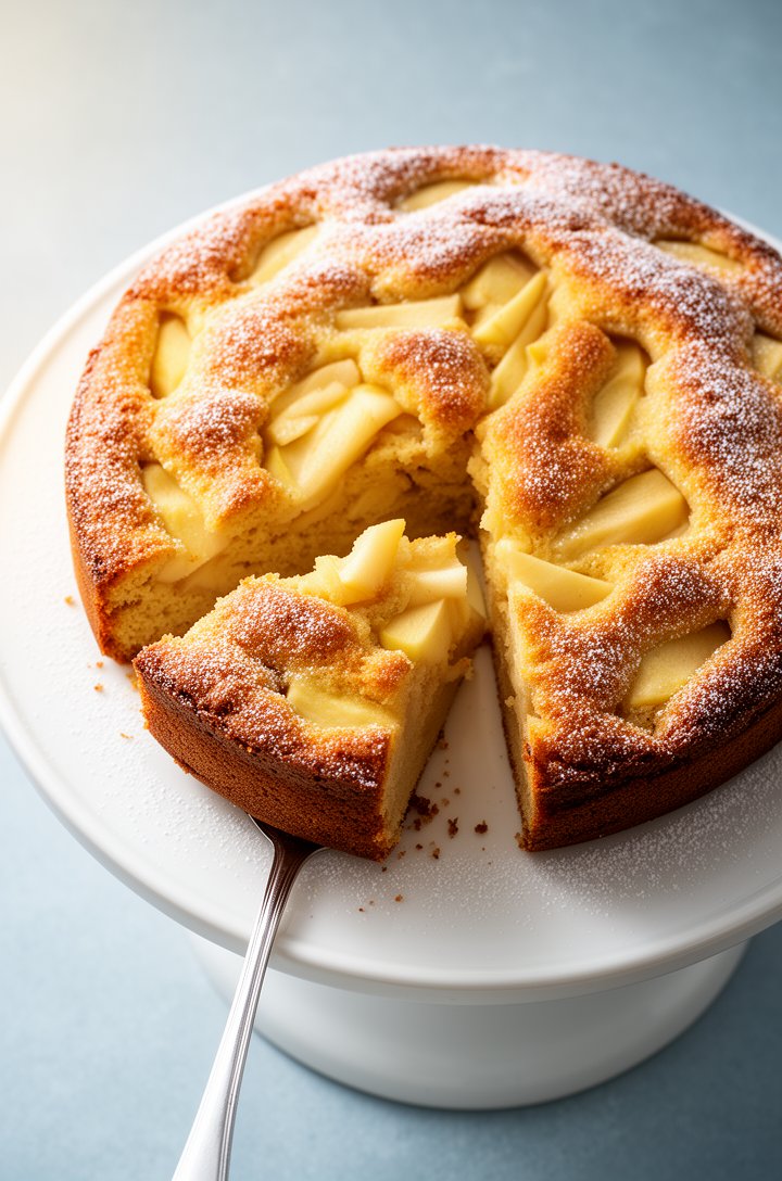 Overhead 45-degree angle shot of a whole golden French apple cake on a white ceramic cake stand, dusted with powdered sugar, one slice partially pulled away with a silver server revealing the moist in
