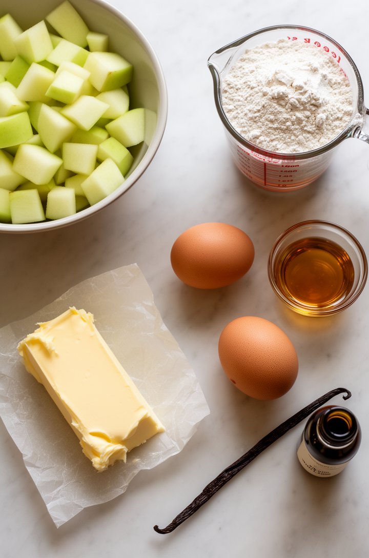 Close-up flat-lay of mise en place for apple cake on a light marble surface — a bowl of cubed pale green apple pieces, a stick of softened butter on parchment, two whole eggs, a small glass bowl of go