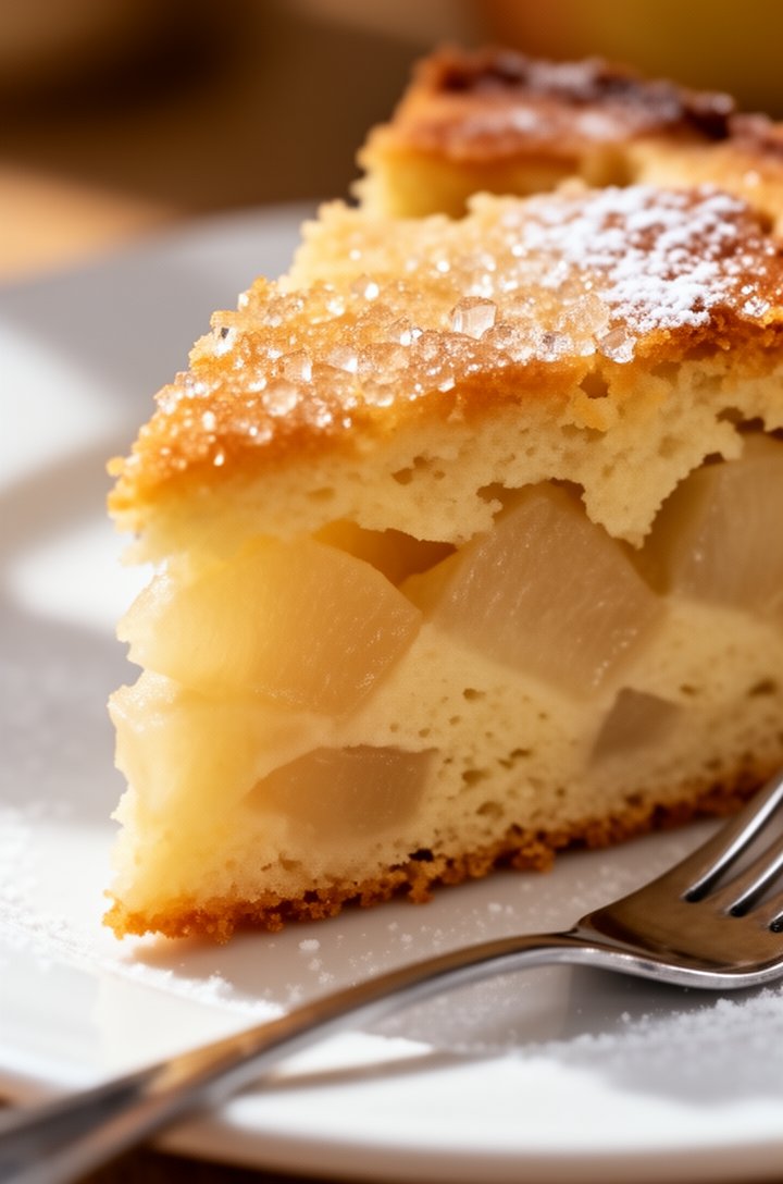 Extreme close-up side-angle shot of a single slice of French apple cake on a white plate, showing the cross-section of moist golden crumb studded with soft translucent baked apple chunks, thin golden-