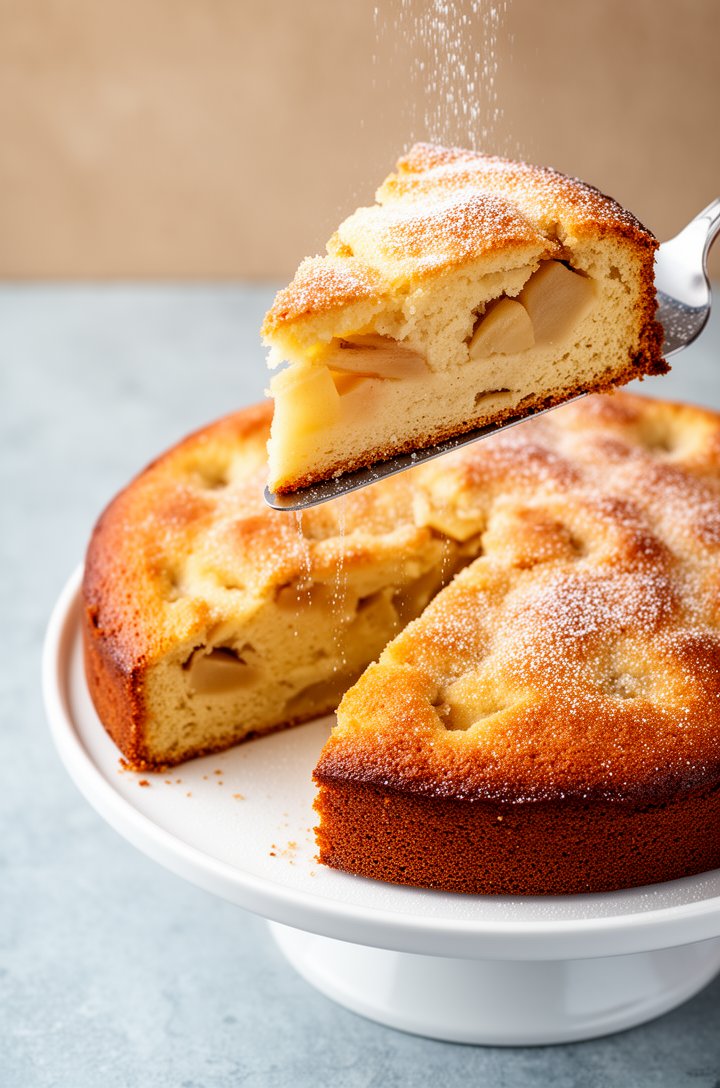 45-degree angle shot of a golden French apple cake with one wedge cut and being lifted on a silver cake server, powdered sugar cascading off the slice, the interior showing a buttery crumb with pocket