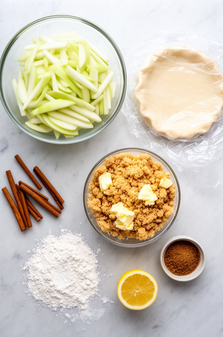 Overhead flat-lay of apple crumble pie ingredients arranged on a light marble surface — a mound of thinly sliced pale green Granny Smith apples in a large glass bowl, a smaller bowl of golden-brown cr