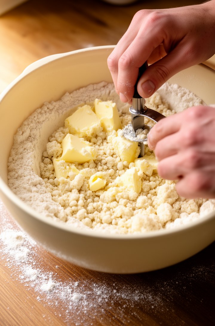 Close-up 45-degree angle shot of hands using a pastry cutter to blend cold cubed butter into flour mixture in a cream-colored mixing bowl, showing the coarse pea-sized crumble texture forming, flour d