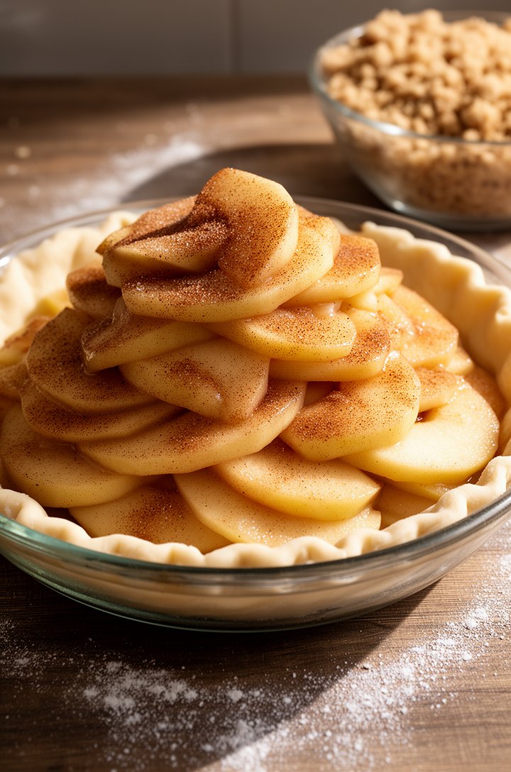 Side-angle shot of apple filling being spooned into an unbaked pie crust in a glass pie dish, showing the mound of thinly sliced cinnamon-coated apple slices piled high above the rim of the crust, som