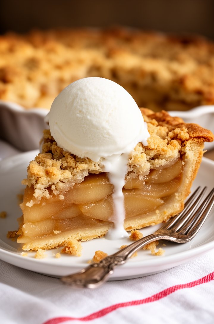 45-degree angle shot of a single generous slice of apple crumble pie on a small white ceramic plate, topped with a perfect round scoop of vanilla ice cream that is just beginning to melt and drip down