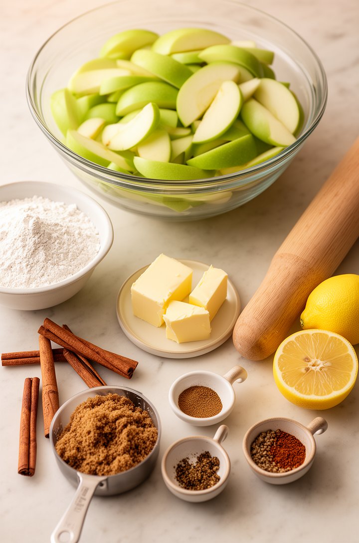 Overhead flat-lay of all apple crumble pie ingredients arranged on a light marble countertop: a pile of peeled and sliced Granny Smith apples in a large glass bowl, two sticks of butter cut into cubes on a small plate, measuring cups of flour and brown sugar, whole cinnamon sticks, ground spices in small pinch bowls, a lemon cut in half, and a rolling pin to one side. Bright, even natural lighting from a large window, clean and styled but not overly fussy, warm neutral tones
