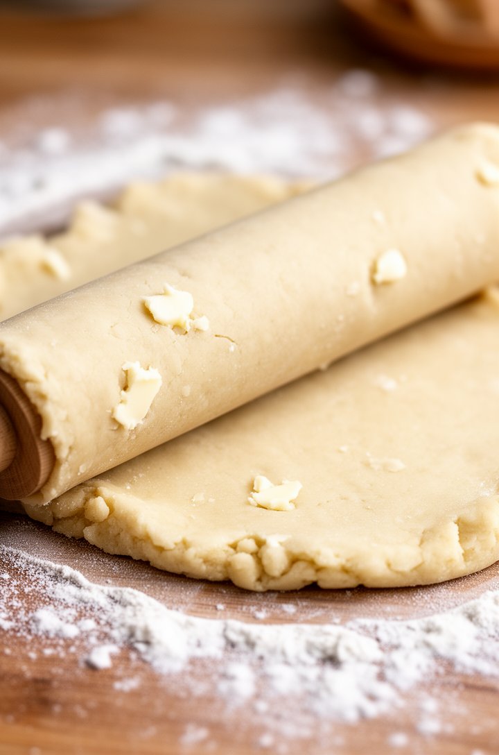 Close-up of pie dough being rolled out on a lightly floured wooden surface, showing the rolling pin pressing the pale dough into a rough circle, small visible flecks of butter throughout the dough indicating a flaky texture, flour dusted across the surface, shot from a 30-degree angle with natural side lighting and shallow depth of field focused on the dough