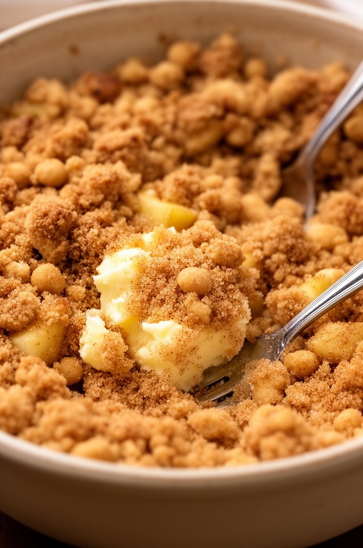 Side-angle close-up of the crumble topping mixture in a medium bowl, showing chunky, sandy, pea-sized clumps of butter coated in brown sugar, flour, and cinnamon, a fork resting in the bowl used to cut the butter in, warm golden-brown tones, natural side lighting highlighting the varied texture of the crumble pieces
