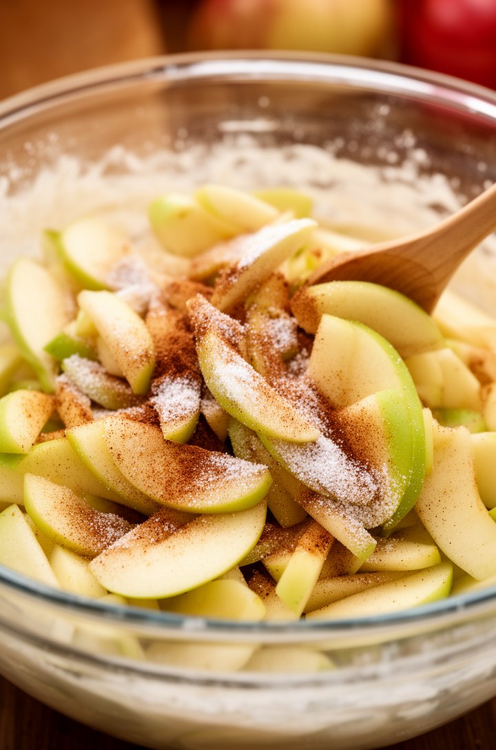 45-degree angle shot of thinly sliced Granny Smith apples being tossed with cinnamon, sugar, and flour in a large glass mixing bowl, showing the spice coating clinging to the glistening pale-green and cream-colored apple slices, a wooden spoon mid-toss, warm kitchen lighting