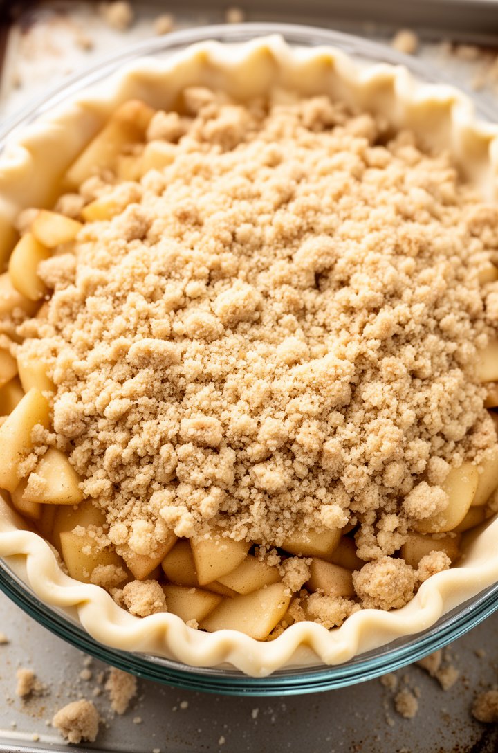Overhead shot looking down into a 9-inch glass pie dish showing the unbaked pie fully assembled — the crimped pale dough edges visible around the rim, mounded apple filling in the center, and a thick even layer of crumble topping scattered over the top, some loose crumbs on the baking sheet beneath, bright natural lighting