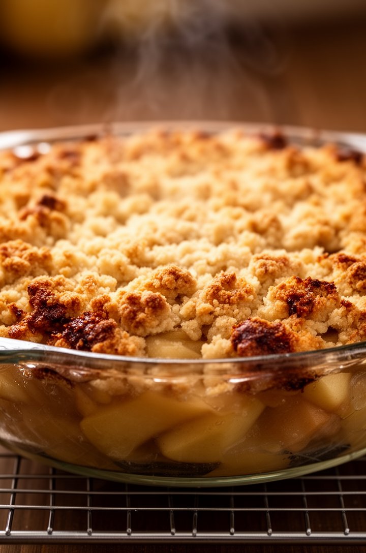 Front-on shot of the finished apple crumble pie straight out of the oven, still in the glass pie dish on a wire cooling rack, the crumble topping baked to a deep golden-brown with darker caramelized edges, apple juices visibly bubbling at the sides, steam rising, warm amber kitchen lighting, shot from about 12 inches at eye level