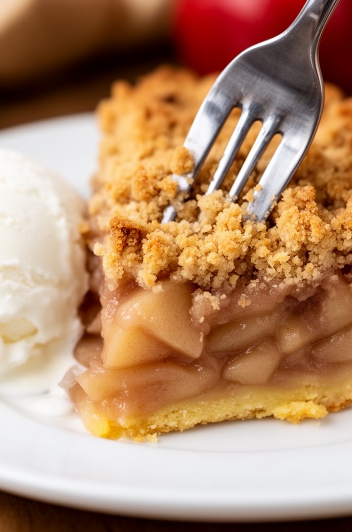 Extreme close-up of a fork breaking into a slice of apple crumble pie on a white plate, showing the moment the crumble shatters, revealing layers of soft cinnamon-spiced apples underneath, a scoop of vanilla ice cream melting alongside, golden buttery crust at the base, shallow depth of field, warm natural side lighting from the left