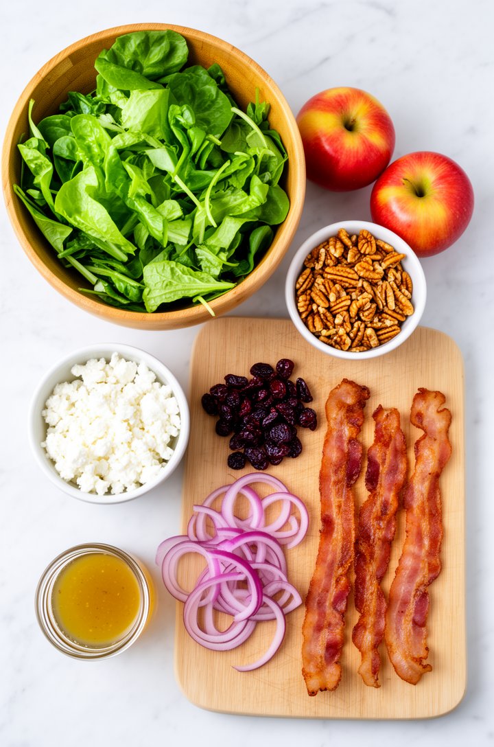 Overhead flat-lay of apple salad ingredients arranged on a white marble countertop — a wooden bowl of vibrant green spring lettuce mix, three whole red-yellow gala apples, a small bowl of golden toast