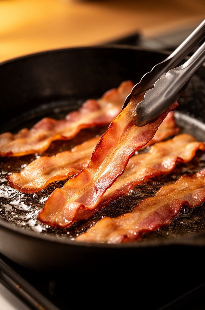 Close-up 45-degree angle shot of crispy golden-brown bacon strips sizzling in a dark cast iron skillet, rendered fat glistening around the edges, one strip being flipped with metal tongs, warm amber k
