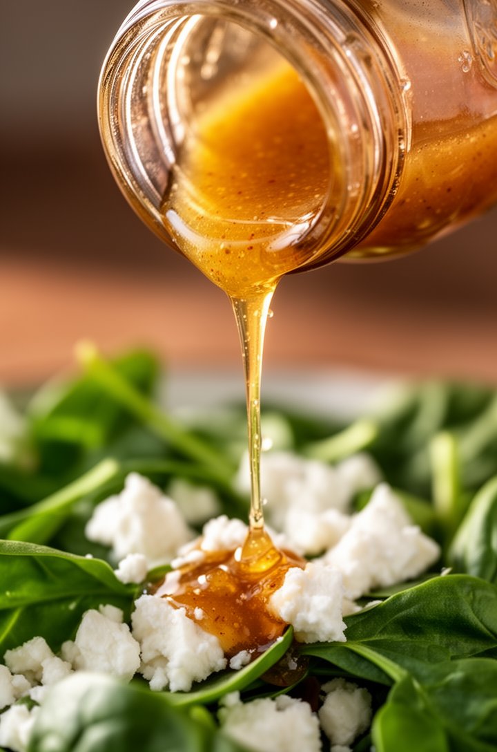 Extreme close-up macro shot of golden maple cider vinaigrette being drizzled from a tilted glass mason jar onto the salad below, the stream of dressing catching warm side light and appearing transluce