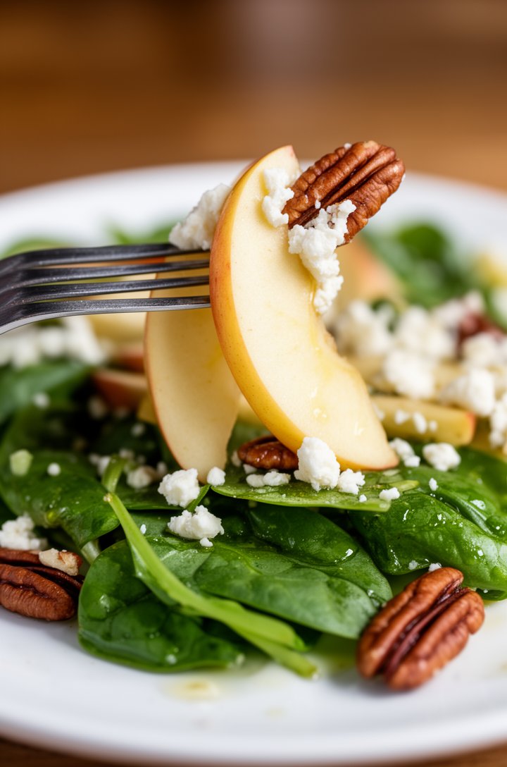Close-up side-angle shot of a single generous serving of apple salad on a white plate, a fork lifting a bite showing a thin apple slice draped over green leaves with a pecan piece and feta crumble cli