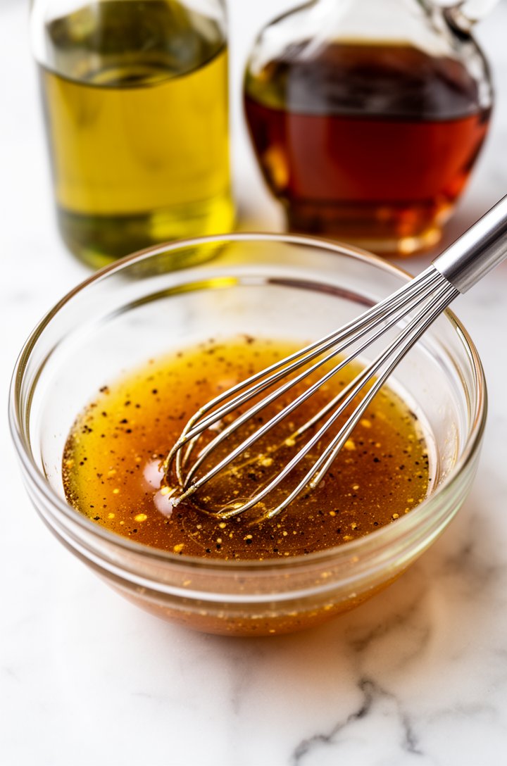 45-degree angle shot of maple cider vinaigrette being whisked together in a small glass mixing bowl — golden-amber liquid with visible specks of black pepper and Dijon mustard creating slight streaks, a small silver whisk resting in the bowl, ingredients (olive oil bottle, vinegar, maple syrup) visible in soft focus behind, white marble surface, bright natural lighting
