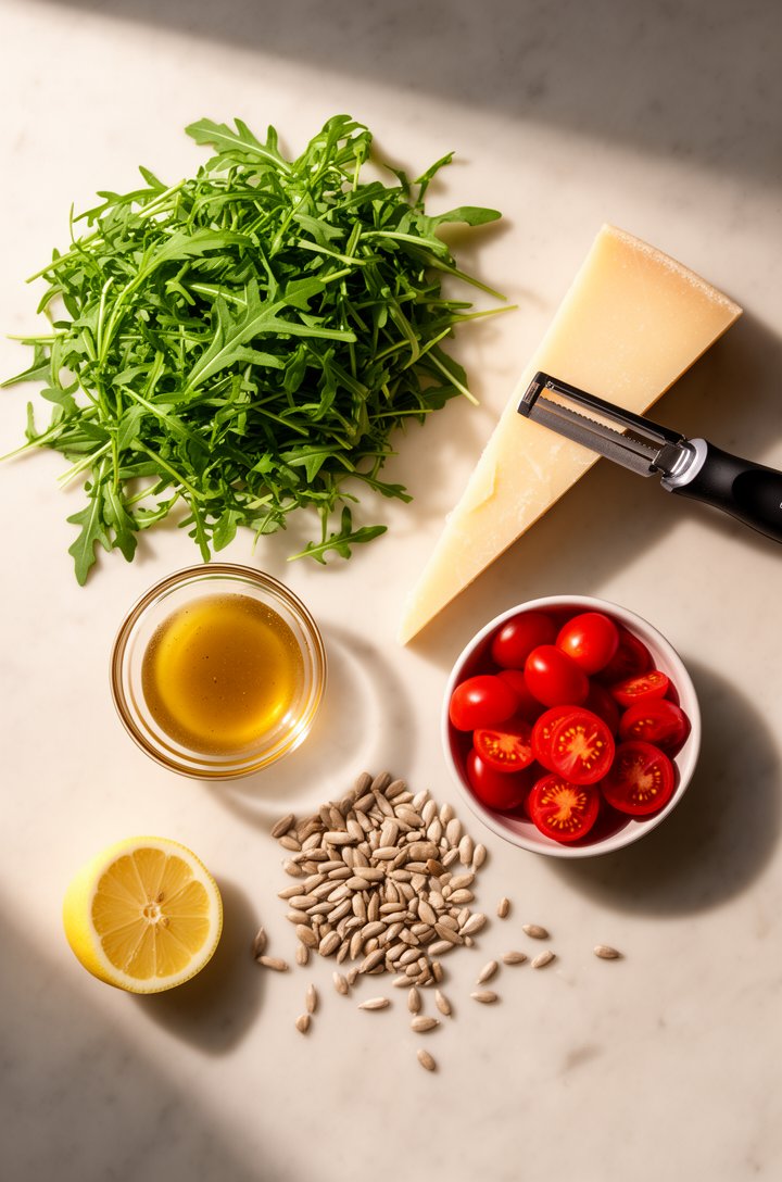 Overhead flat-lay of arugula salad ingredients arranged on a light marble surface: a pile of fresh bright green arugula leaves, a small glass bowl of golden lemon balsamic dressing, a wedge of aged Pa