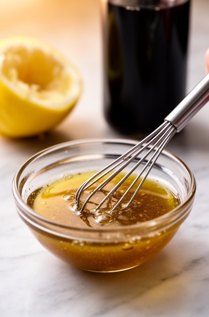 Close-up 45-degree angle shot of a small clear glass bowl with golden-amber lemon balsamic vinaigrette being whisked with a small silver whisk, droplets of olive oil visible on the surface creating an