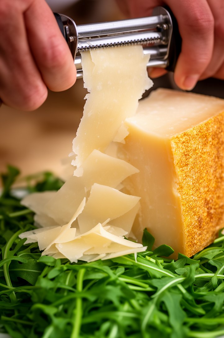 Extreme close-up macro shot of hands using a vegetable peeler to shave large thin curls of aged Parmesan cheese off a golden-rind wedge, cheese curls falling onto a bed of vibrant green arugula leaves