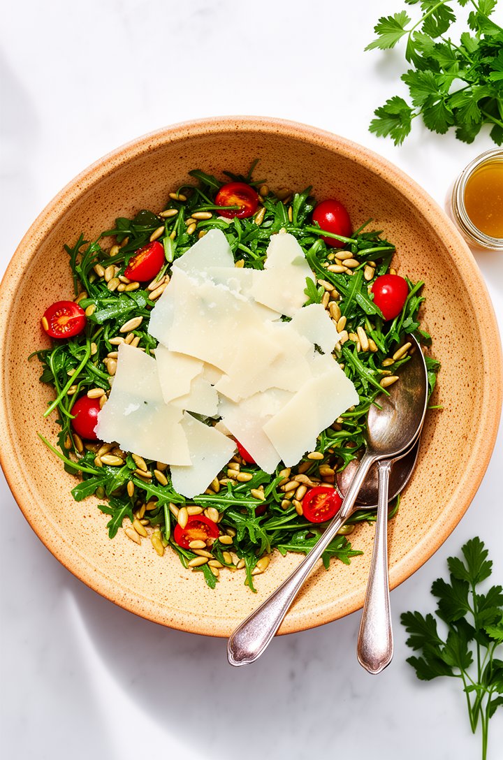 Overhead shot looking straight down into a large speckled warm-toned ceramic bowl filled with freshly tossed arugula salad, the leaves glistening with vinaigrette, large irregular shavings of Parmesan