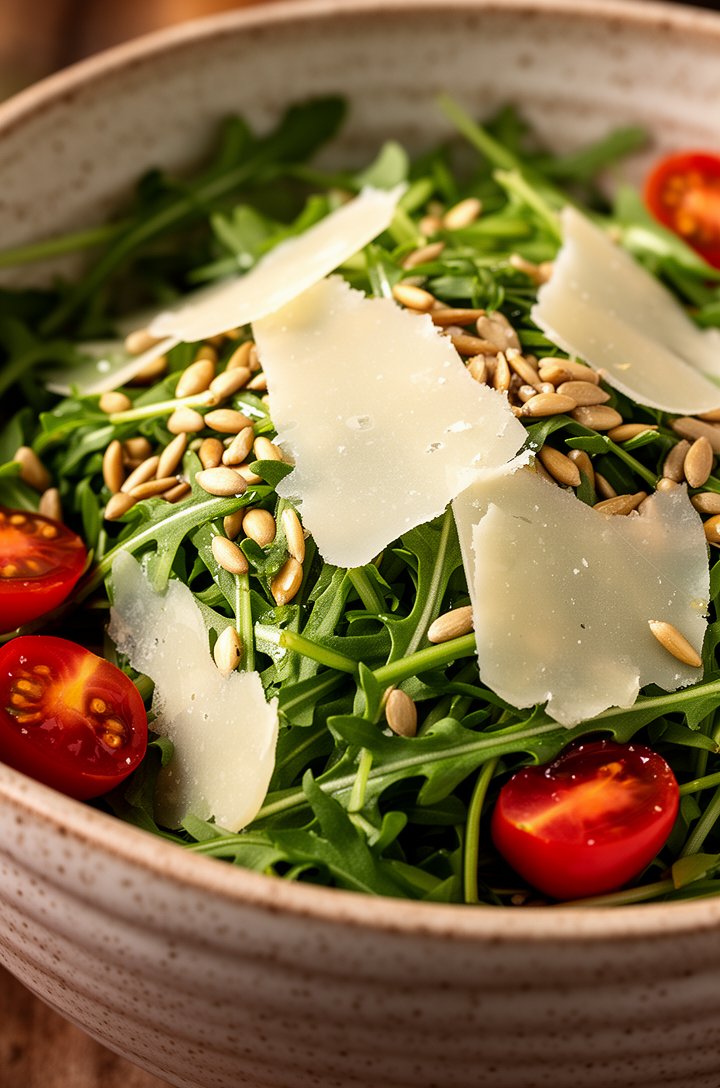 Close-up 30-degree angle of the finished arugula salad in a speckled ceramic bowl, showing the textural contrast between tender green arugula leaves, large translucent Parmesan shavings catching the light, golden sunflower seeds, and glistening ruby cherry tomato halves, shallow depth of field with the far edge softly blurred, warm natural side lighting creating gentle shadows between leaves