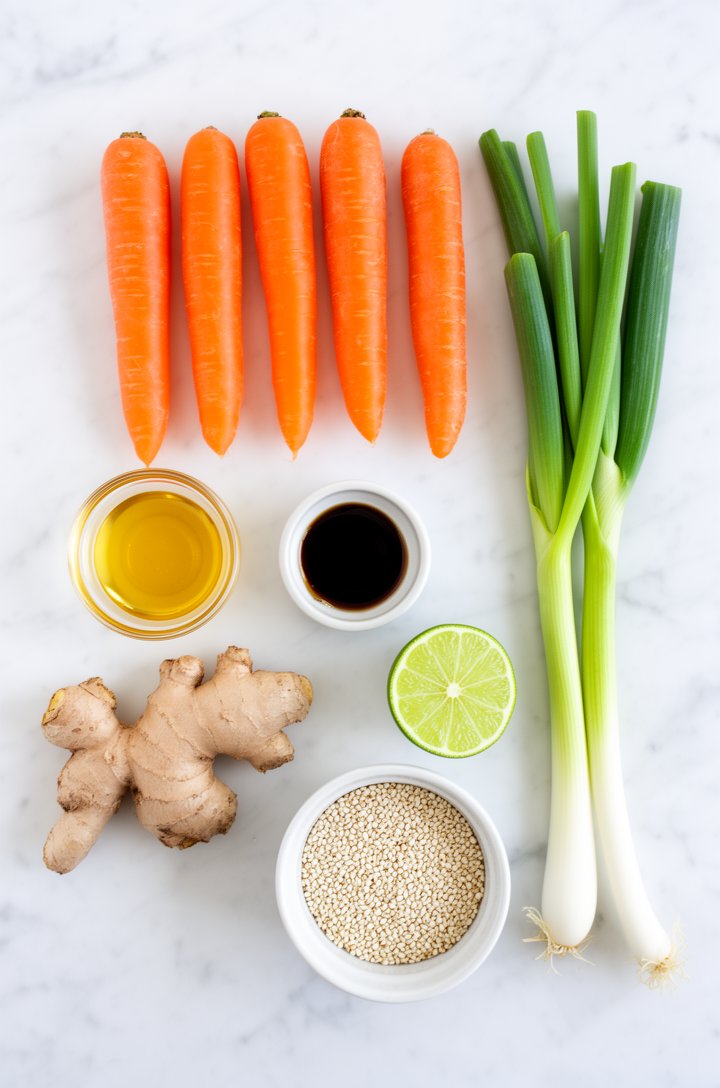 Overhead flat-lay of mise en place for Asian carrot salad on a white marble surface — six whole unpeeled orange carrots, a small glass bowl of golden sesame oil, a tiny dish of soy sauce, a halved lim