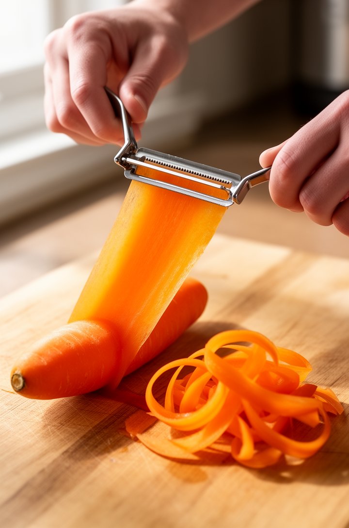 Close-up action shot of hands using a Y-shaped vegetable peeler to shave a long, wide translucent orange ribbon from a whole carrot held against a wooden cutting board. Several curled ribbons already 