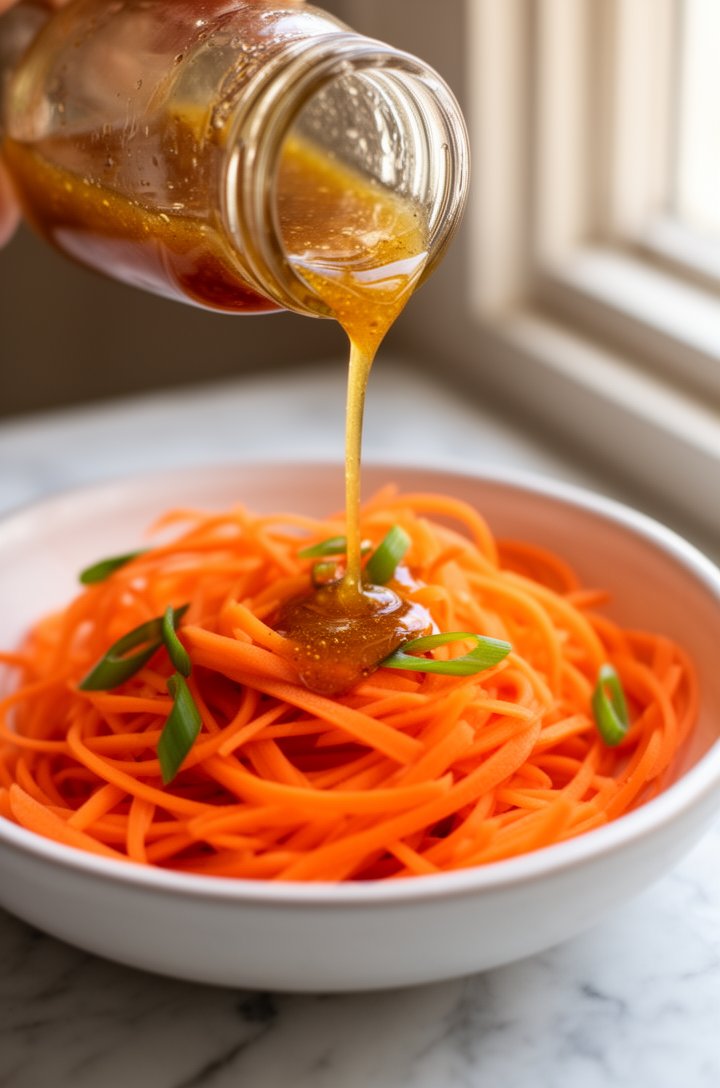 Close-up shot of a small glass jar filled with golden-amber Asian dressing being poured over a mound of bright orange carrot ribbons in a white ceramic bowl. The dressing is glossy and slightly emulsi