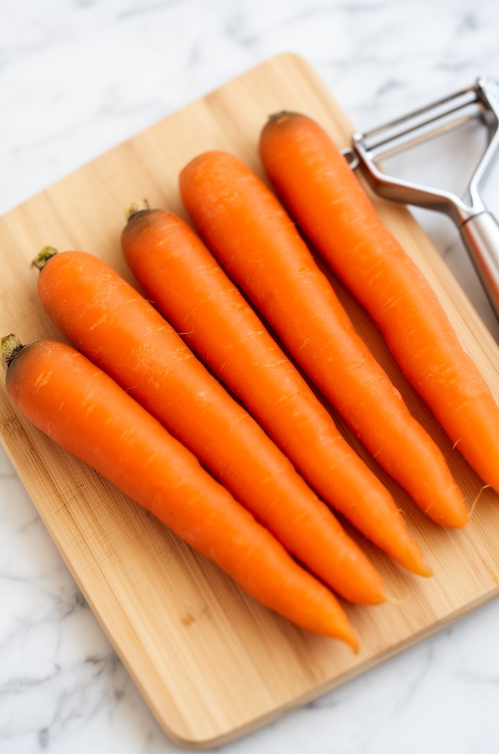 Overhead flat-lay of six whole unpeeled carrots arranged diagonally on a light wooden cutting board, with a Y-shaped vegetable peeler beside them. Bright even natural daylight, clean white marble surface, minimal styling, vibrant orange carrot color against the neutral wood and white tones