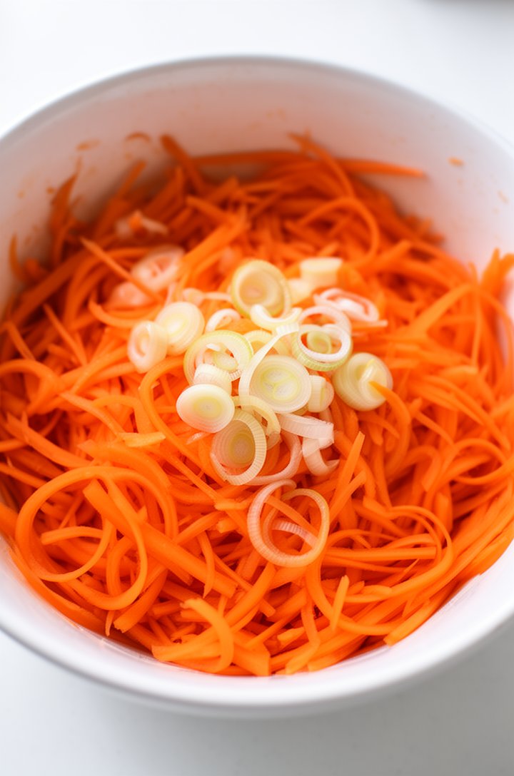 Close-up of a large white mixing bowl filled with freshly peeled carrot ribbons — wide, curled, translucent orange strips piled loosely. Thinly sliced scallion rings scattered on top. Shot from directly overhead, soft natural light, clean white surface, the orange ribbons filling most of the frame
