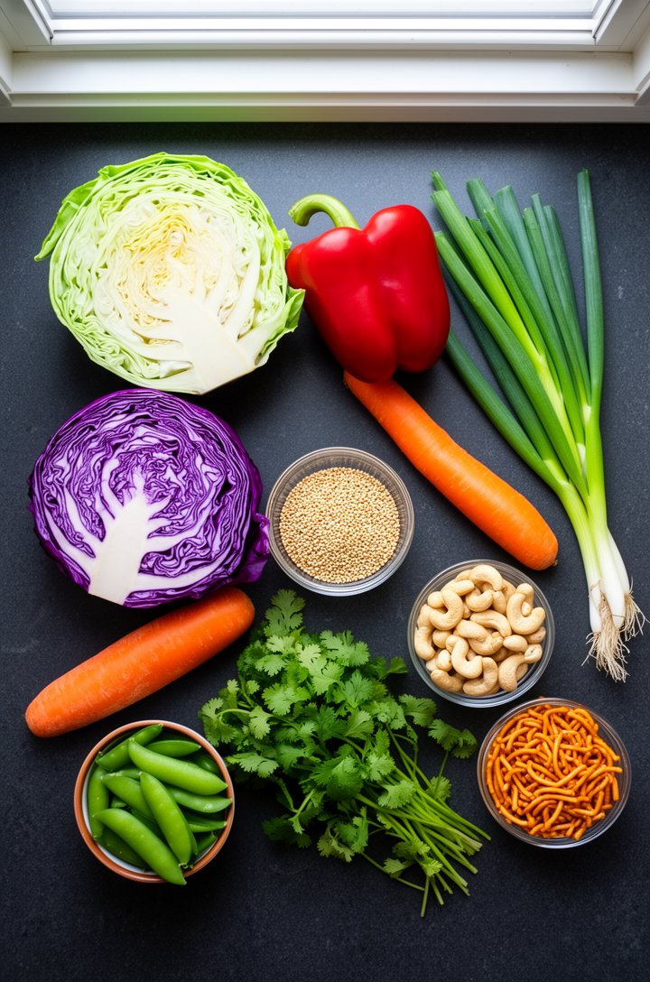 Overhead flat-lay of all Asian chopped salad ingredients arranged on a dark charcoal surface before assembly — half a green cabbage with its cross-section visible, half a red cabbage showing purple ri