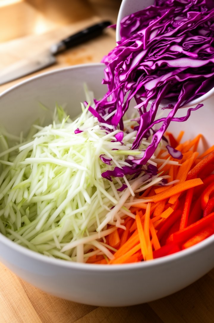 Close-up 45-degree angle shot of thinly sliced white and purple red cabbage being added to a large white ceramic bowl, showing the contrast of pale green-white shreds against vivid magenta-purple shre