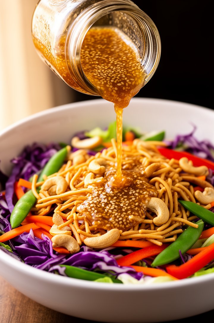 Action shot from a 30-degree angle of amber-golden sesame ginger dressing being poured from a small glass mason jar over a fully assembled Asian chopped salad in a large white bowl. The dressing is gl