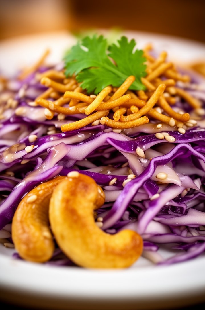 Extreme close-up macro shot of a serving of the finished Asian chopped salad on a small white plate, showing the glossy dressing coating every strand of purple and white cabbage. Individual sesame see
