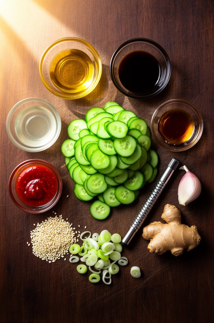Overhead flat-lay of all mise en place ingredients arranged on a dark wooden cutting board — a mound of thinly sliced bright green cucumber coins in the center, small glass bowls of golden sesame oil,