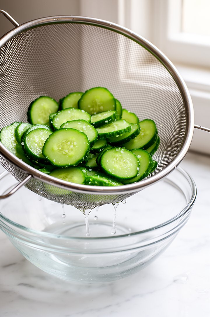 Close-up side-angle shot of salted cucumber slices in a metal fine mesh strainer over a glass bowl, visible droplets of extracted water dripping through the mesh, glistening wet cucumber coins with ti